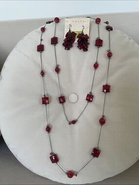 Red Bead Layered Necklace with Matching Earrings